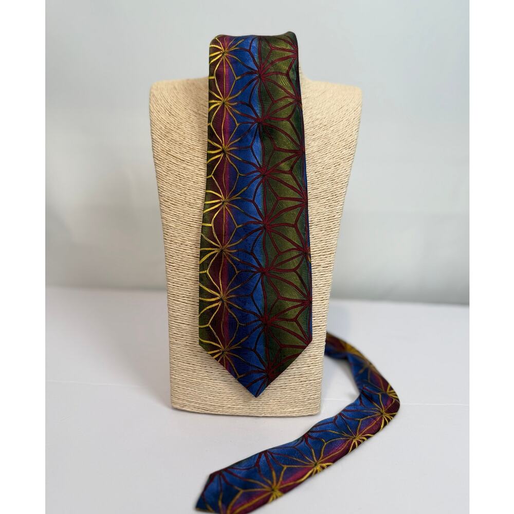 J Garcia Tree Collection 32 Silk Tie Blue Gold Olive Starburst